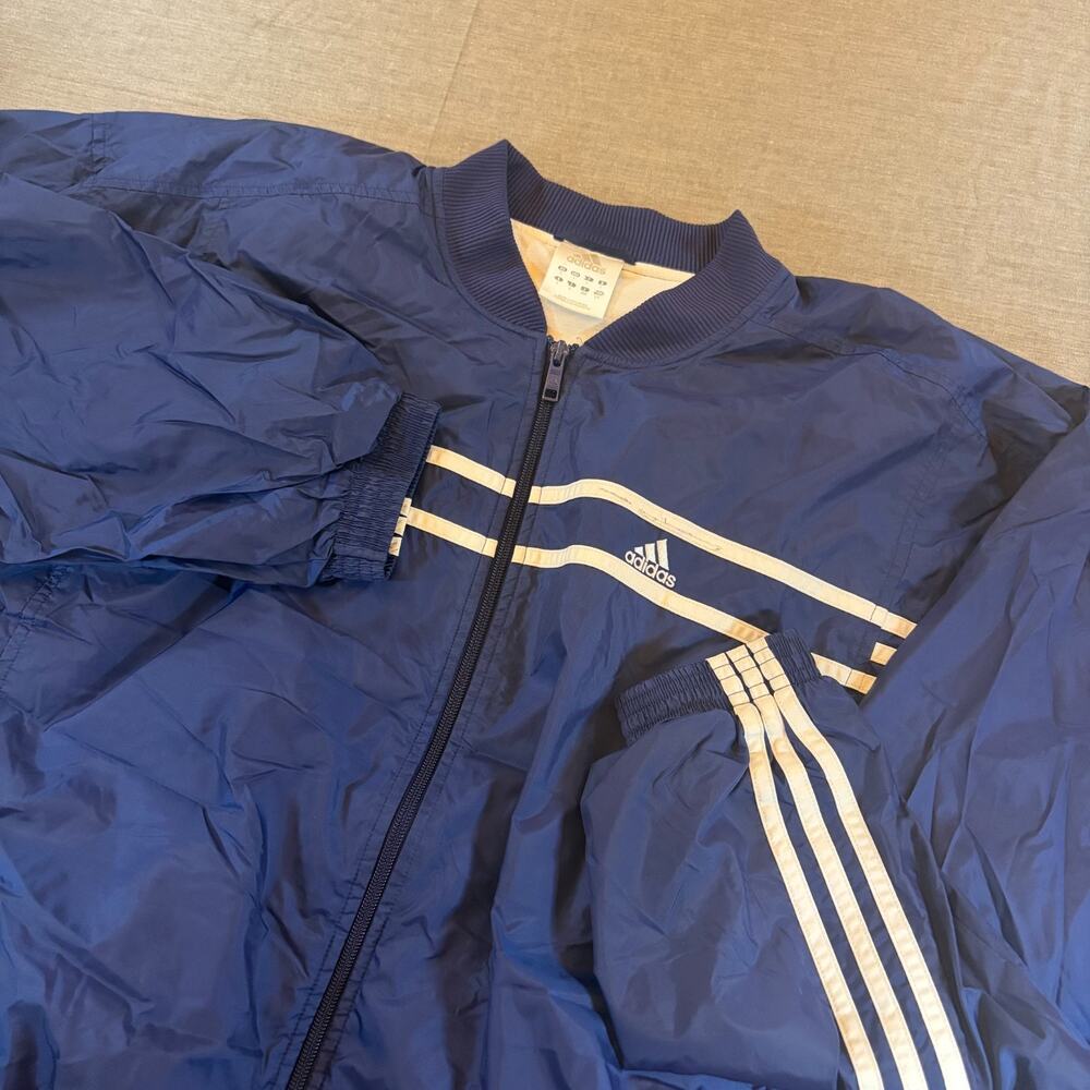 Adidas Blue Windbreaker Track Jacket Full Zip L White Striped Insulated